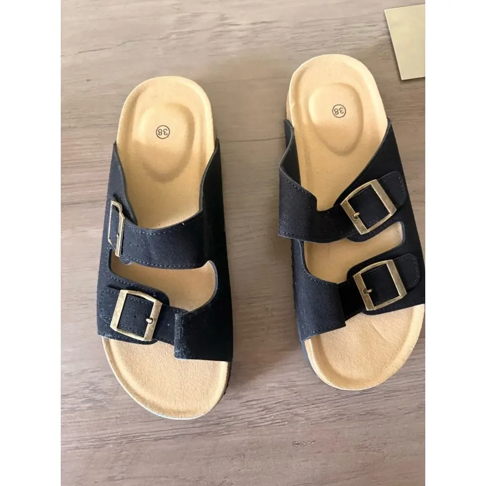 Black Double Buckle Cork Footbed Slide Sandals men’s EU 40 US 7 NWOT